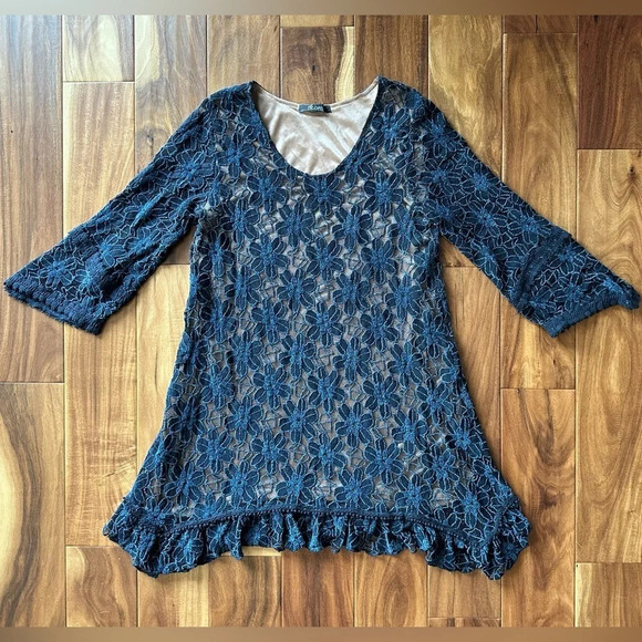 Teal Knit Lace Bohemian Mini Dress size Medium - Picture 1 of 7